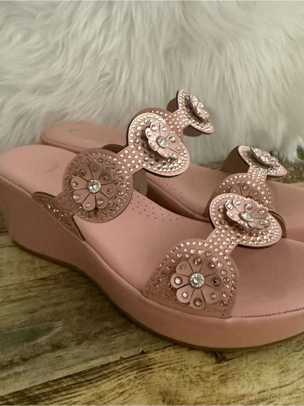 Anatolia Paris. Size 38 US 7.5 Pink Embellished Wedge Mules with Crystal Accents